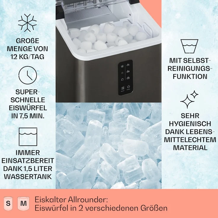 Klarstein Albaron Supreme Eiswürfelmaschine, Bullet-Eis, 12 kg / 24 h, 1,5 Ltr., Edelstahl, schwarz – Bild 2