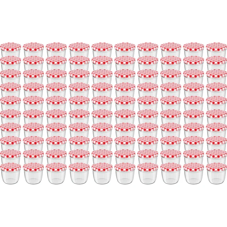 100 Stück Wellgro Einmachgläser mit Schraubdeckel - 230 ml, 8,5 x 6,5 cm (ØxH), Glas / Metall, rot karierte Deckel To 82 – Bild 1