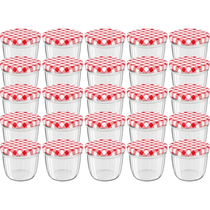 25 Stück Wellgro Einmachgläser mit Schraubdeckel - 230 ml, 8,5 x 6,5 cm (ØxH), Glas / Metall, rot karierte Deckel To 82