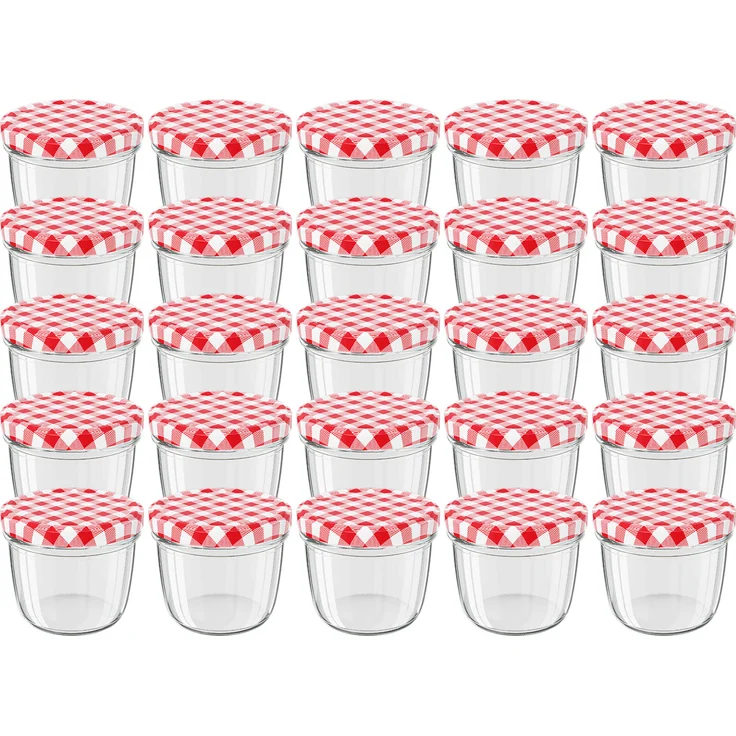 25 Stück Wellgro Einmachgläser mit Schraubdeckel - 230 ml, 8,5 x 6,5 cm (ØxH), Glas / Metall, rot karierte Deckel To 82 – Bild 1