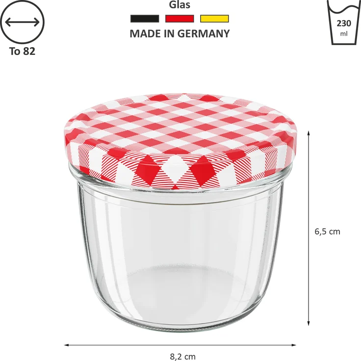 25 Stück Wellgro Einmachgläser mit Schraubdeckel - 230 ml, 8,5 x 6,5 cm (ØxH), Glas / Metall, rot karierte Deckel To 82 – Bild 2