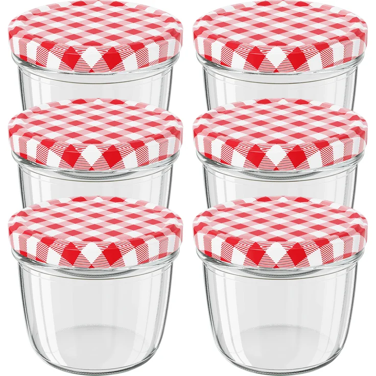 6 Stück Wellgro Einmachgläser mit Schraubdeckel - 230 ml, 8,5 x 6,5 cm (ØxH), Glas / Metall, rot karierte Deckel To 82 – Bild 1