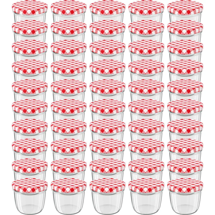 50 Stück Wellgro Einmachgläser mit Schraubdeckel - 230 ml, 8,5 x 6,5 cm (ØxH), Glas / Metall, rot karierte Deckel To 82 – Bild 1