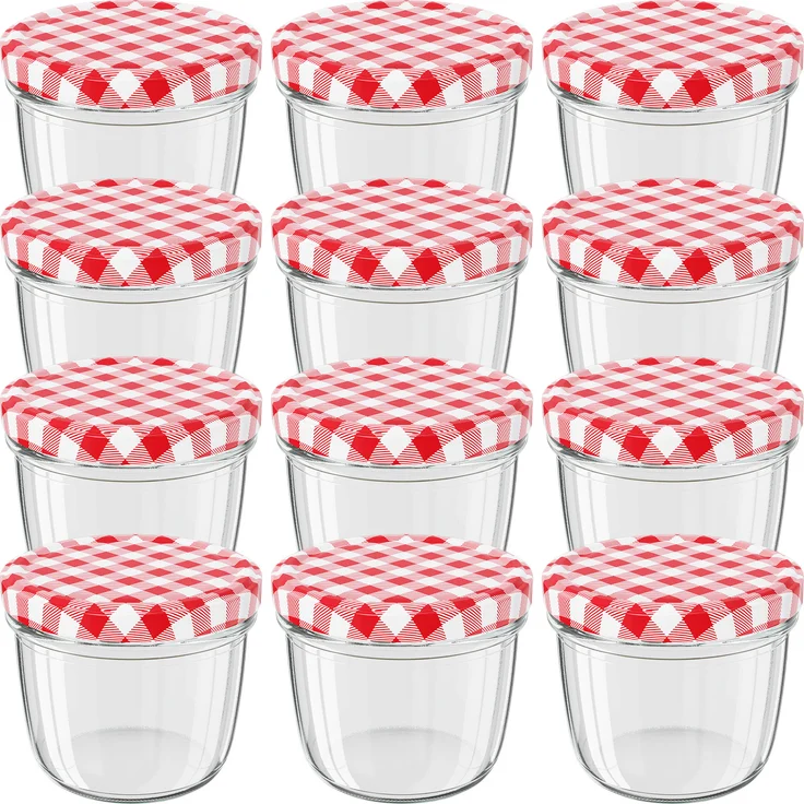 12 Stück Wellgro Einmachgläser mit Schraubdeckel - 230 ml, 8,5 x 6,5 cm (ØxH), Glas / Metall, rot karierte Deckel To 82 – Bild 1