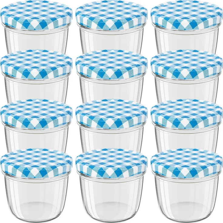 12 Stück Wellgro Einmachgläser mit Schraubdeckel - 230 ml, 8,5 x 6,5 cm (ØxH), Glas / Metall, blau karierte Deckel To 82 – Bild 1