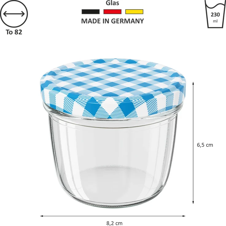 12 Stück Wellgro Einmachgläser mit Schraubdeckel - 230 ml, 8,5 x 6,5 cm (ØxH), Glas / Metall, blau karierte Deckel To 82 – Bild 2