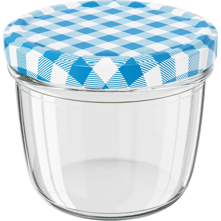 50 Stück Wellgro Einmachgläser mit Schraubdeckel - 230 ml, 8,5 x 6,5 cm (ØxH), Glas / Metall, blau karierte Deckel To 82 – Bild 4