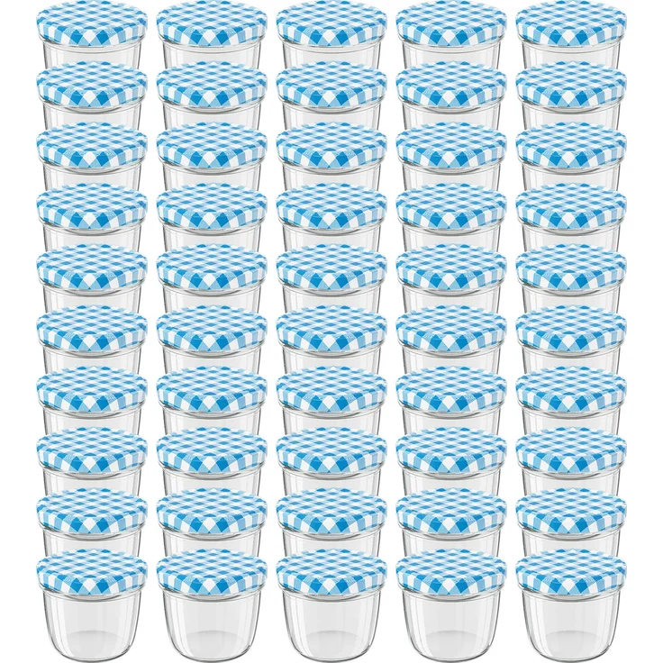 50 Stück Wellgro Einmachgläser mit Schraubdeckel - 230 ml, 8,5 x 6,5 cm (ØxH), Glas / Metall, blau karierte Deckel To 82 – Bild 1