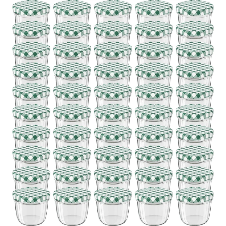 50 Stück Wellgro Einmachgläser mit Schraubdeckel - 230 ml, 8,5 x 6,5 cm (ØxH), Glas / Metall, grün karierte Deckel To 82 – Bild 1