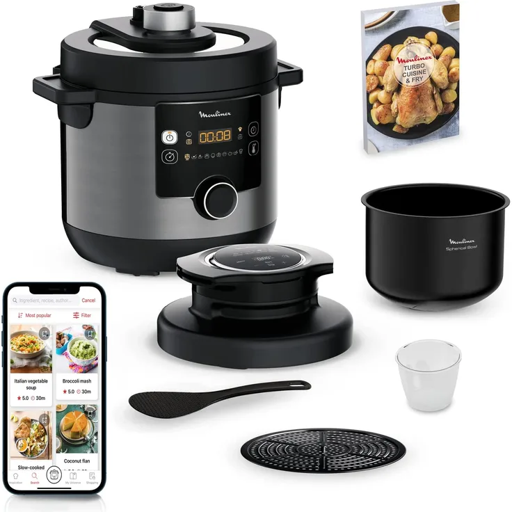 Moulinex CE7788 Turbo Cuisine & Fry 2-in-1 Elektrischer Schnellkochtopf und Luftfritteuse bis 1450 W Leistung, Antihaft-Schüssel, 15 automatische Programme, Timer, Zubehör, schwarz