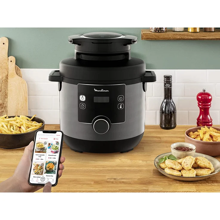Moulinex CE7788 Turbo Cuisine & Fry 2-in-1 Elektrischer Schnellkochtopf und Luftfritteuse bis 1450 W Leistung, Antihaft-Schüssel, 15 automatische Programme, Timer, Zubehör, schwarz – Bild 2