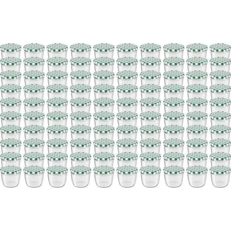 100 Stück Wellgro Einmachgläser mit Schraubdeckel - 230 ml, 8,5 x 6,5 cm (ØxH), Glas / Metall, grün karierte Deckel To 82