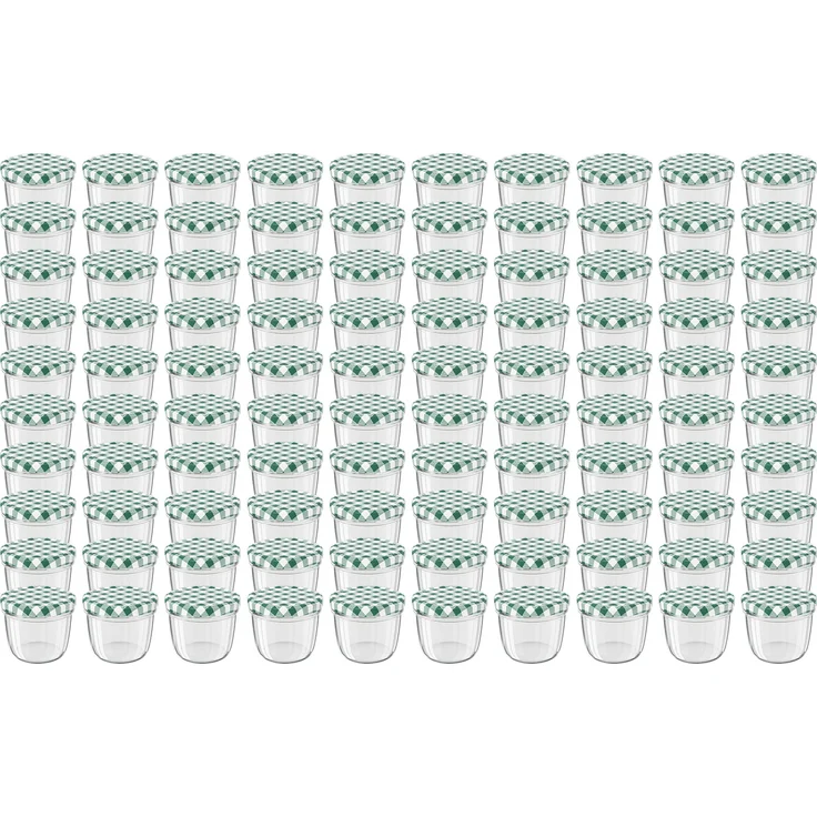100 Stück Wellgro Einmachgläser mit Schraubdeckel - 230 ml, 8,5 x 6,5 cm (ØxH), Glas / Metall, grün karierte Deckel To 82 – Bild 1