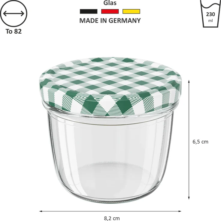 100 Stück Wellgro Einmachgläser mit Schraubdeckel - 230 ml, 8,5 x 6,5 cm (ØxH), Glas / Metall, grün karierte Deckel To 82 – Bild 2