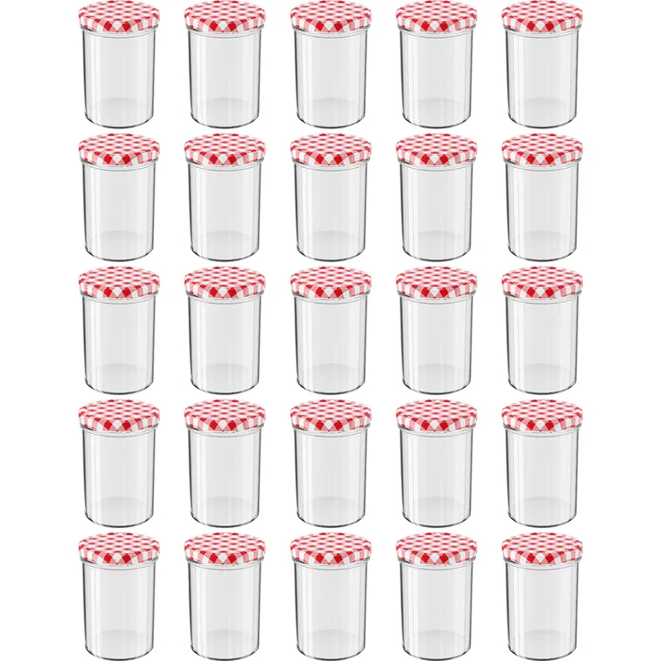 25 Stück Wellgro Einmachgläser mit Schraubdeckel - 435 ml, 8,5 x 12 cm (ØxH), Glas / Metall, rot karierte Deckel To 82