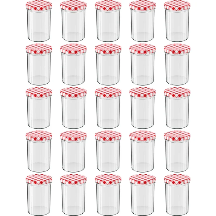25 Stück Wellgro Einmachgläser mit Schraubdeckel - 435 ml, 8,5 x 12 cm (ØxH), Glas / Metall, rot karierte Deckel To 82 – Bild 1