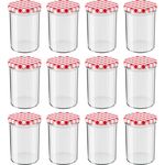 12 Stück Wellgro Einmachgläser mit Schraubdeckel - 435 ml, 8,5 x 12 cm (ØxH), Glas / Metall, rot karierte Deckel To 82