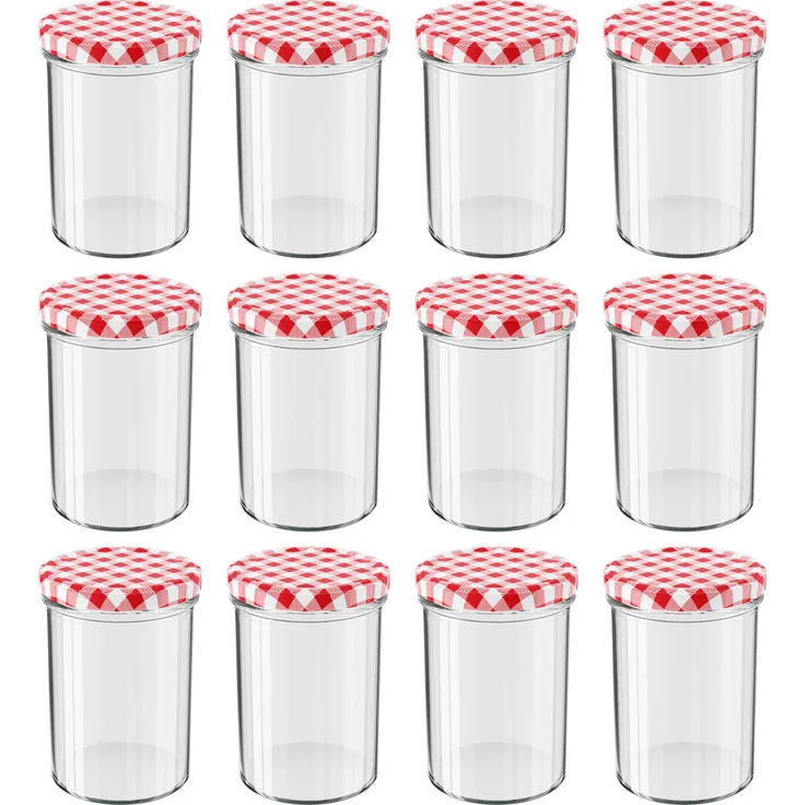 12 Stück Wellgro Einmachgläser mit Schraubdeckel - 435 ml, 8,5 x 12 cm (ØxH), Glas / Metall, rot karierte Deckel To 82