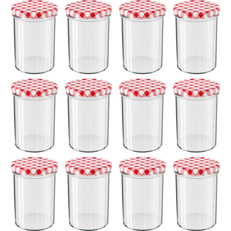 12 Stück Wellgro Einmachgläser mit Schraubdeckel - 435 ml, 8,5 x 12 cm (ØxH), Glas / Metall, rot karierte Deckel To 82 – Bild 1