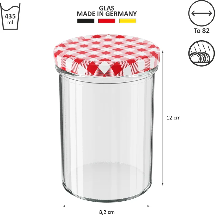 12 Stück Wellgro Einmachgläser mit Schraubdeckel - 435 ml, 8,5 x 12 cm (ØxH), Glas / Metall, rot karierte Deckel To 82 – Bild 5
