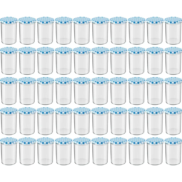 50 Stück Wellgro Einmachgläser mit Schraubdeckel - 435 ml, 8,5 x 12 cm (ØxH), Glas / Metall, blau karierte Deckel To 82