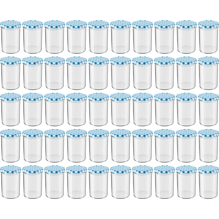 50 Stück Wellgro Einmachgläser mit Schraubdeckel - 435 ml, 8,5 x 12 cm (ØxH), Glas / Metall, blau karierte Deckel To 82 – Bild 1