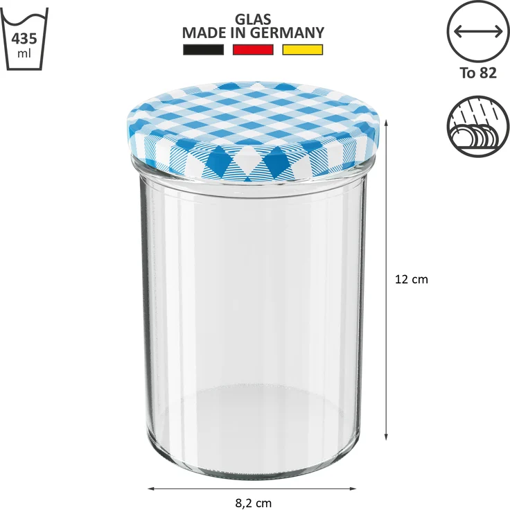 50 Stück Wellgro Einmachgläser mit Schraubdeckel - 435 ml, 8,5 x 12 cm (ØxH), Glas / Metall, blau karierte Deckel To 82 – Bild 4