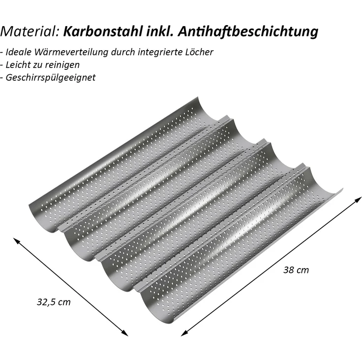 Wellgro Baguette-Blech - für bis zu 4 Baguettes - Baguetteblech mit Antihaftbeschichtung - 38 x 32,5 x 3 cm - Baguetteform, Brotform – Bild 2