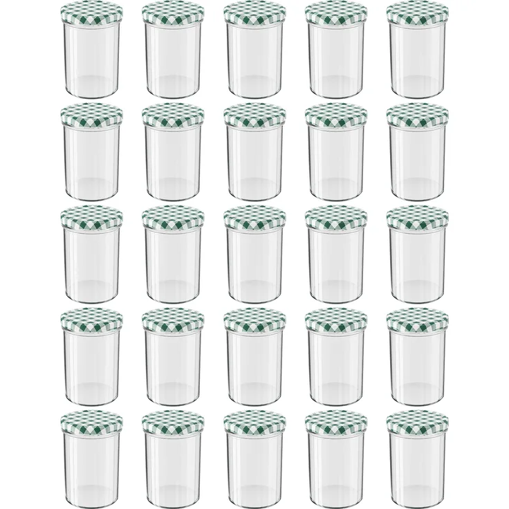 25 Stück Wellgro Einmachgläser mit Schraubdeckel - 435 ml, 8,5 x 12 cm (ØxH), Glas / Metall, grün karierte Deckel To 82