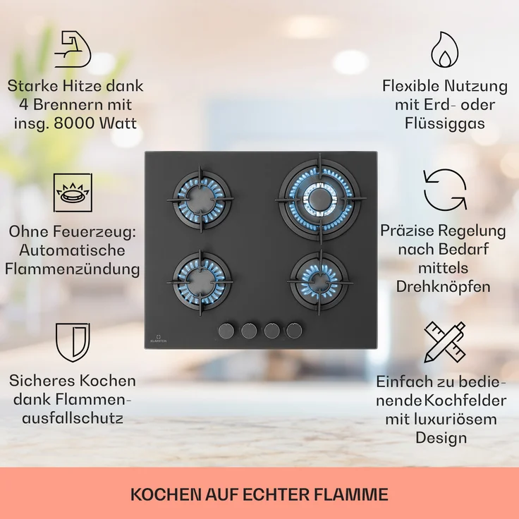 Klarstein Firetale Gaskochfeld, 4-flammig 60 cm Aluminium-Brenner inkl. Schlauch und Druckminderer, Einbaugerät, Autark, Anzahl der Kochstellen 4, schwarz – Bild 2