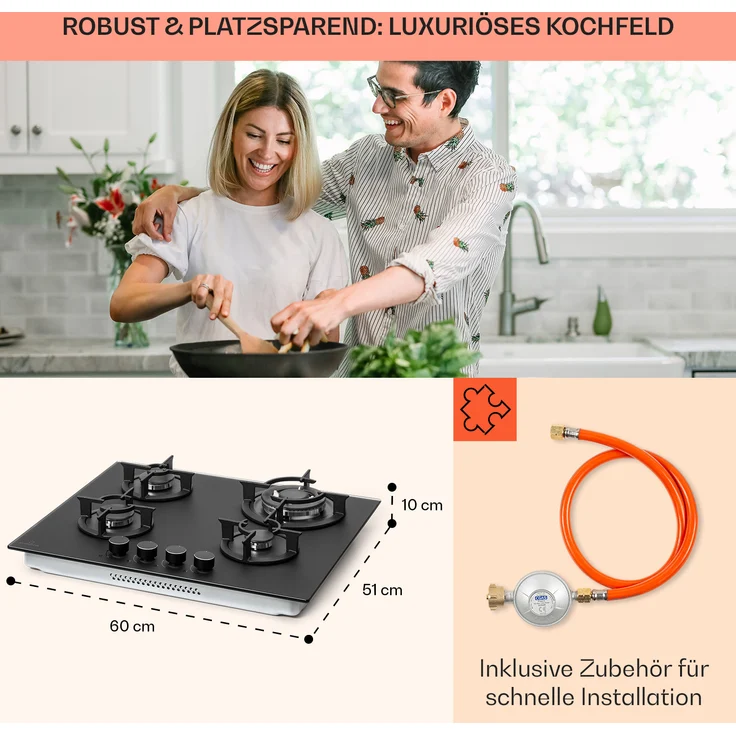 Klarstein Firetale Gaskochfeld, 4-flammig 60 cm Aluminium-Brenner inkl. Schlauch und Druckminderer, Einbaugerät, Autark, Anzahl der Kochstellen 4, schwarz – Bild 6
