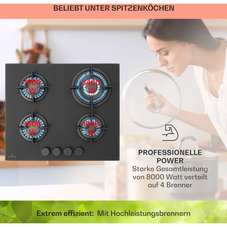 Klarstein Firetale Gaskochfeld, 4-flammig 60 cm Aluminium-Brenner inkl. Schlauch und Druckminderer, Einbaugerät, Autark, Anzahl der Kochstellen 4, schwarz – Bild 3