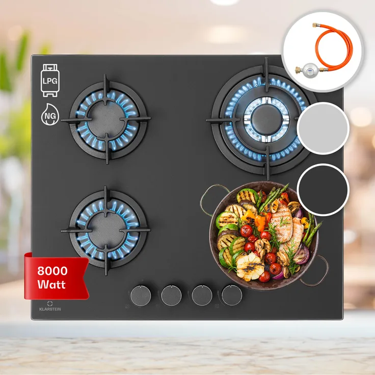 Klarstein Firetale Gaskochfeld, 4-flammig 60 cm Aluminium-Brenner inkl. Schlauch und Druckminderer, Einbaugerät, Autark, Anzahl der Kochstellen 4, schwarz