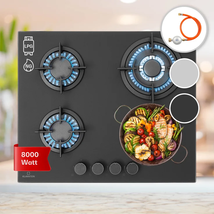Klarstein Firetale Gaskochfeld, 4-flammig 60 cm Aluminium-Brenner inkl. Schlauch und Druckminderer, Einbaugerät, Autark, Anzahl der Kochstellen 4, schwarz – Bild 1