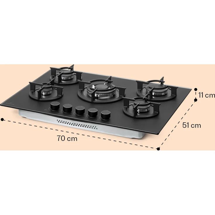 Klarstein Firetale Gaskochfeld, 5-flammig 70 cm Aluminium-Brenner inkl. Schlauch und Druckminderer, Einbaugerät, Autark, Anzahl der Kochstellen 5, schwarz – Bild 9
