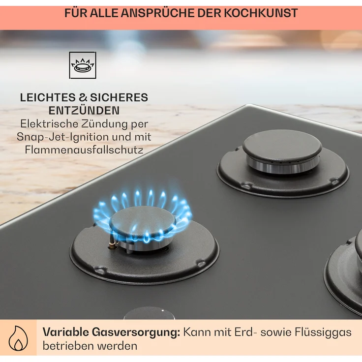 Klarstein Firetale Gaskochfeld, 5-flammig 70 cm Aluminium-Brenner inkl. Schlauch und Druckminderer, Einbaugerät, Autark, Anzahl der Kochstellen 5, schwarz – Bild 5