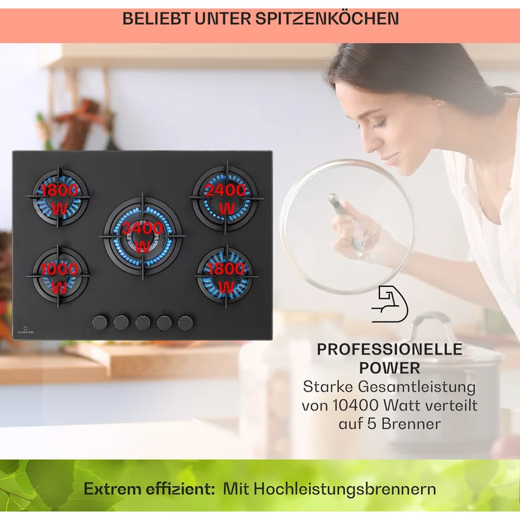 Klarstein Firetale Gaskochfeld, 5-flammig 70 cm Aluminium-Brenner inkl. Schlauch und Druckminderer, Einbaugerät, Autark, Anzahl der Kochstellen 5, schwarz – Bild 3