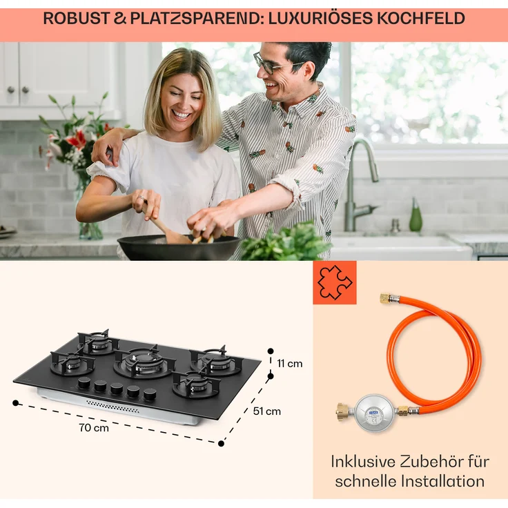 Klarstein Firetale Gaskochfeld, 5-flammig 70 cm Aluminium-Brenner inkl. Schlauch und Druckminderer, Einbaugerät, Autark, Anzahl der Kochstellen 5, schwarz – Bild 6