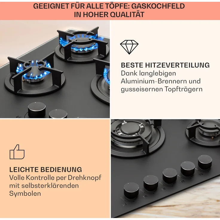 Klarstein Firetale Gaskochfeld, 5-flammig 70 cm Aluminium-Brenner inkl. Schlauch und Druckminderer, Einbaugerät, Autark, Anzahl der Kochstellen 5, schwarz – Bild 4