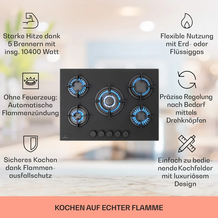 Klarstein Firetale Gaskochfeld, 5-flammig 70 cm Aluminium-Brenner inkl. Schlauch und Druckminderer, Einbaugerät, Autark, Anzahl der Kochstellen 5, schwarz – Bild 2