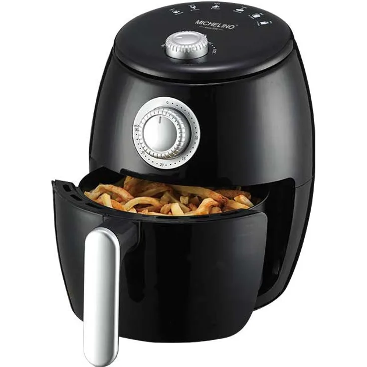 Michelino 29045 Heißluftfritteuse, 2 Liter, 1000 Watt, ohne Fett, Thermostat bis 200 °C, 30 Min. Timer, Kunststoff, schwarz