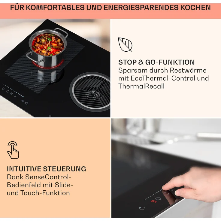 Klarstein Full House 3.0 Kochfeld mit Dunstabzug, Down Air System Induktionsherd DownAir-Abzugshaube 655 m /h A, Breite 80 cm, Anzahl der Kochstellen 4, schwarz – Bild 5