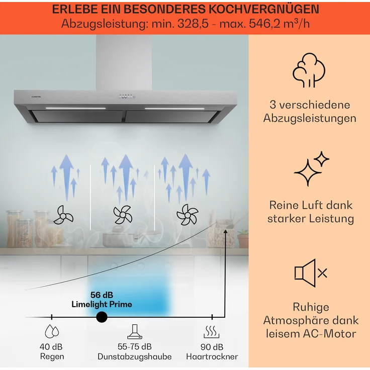 Klarstein Limelight Wandhaube, Wandmontage, Anzahl Gebläsestufen 3, Breite 120 cm, edelstahl – Bild 3