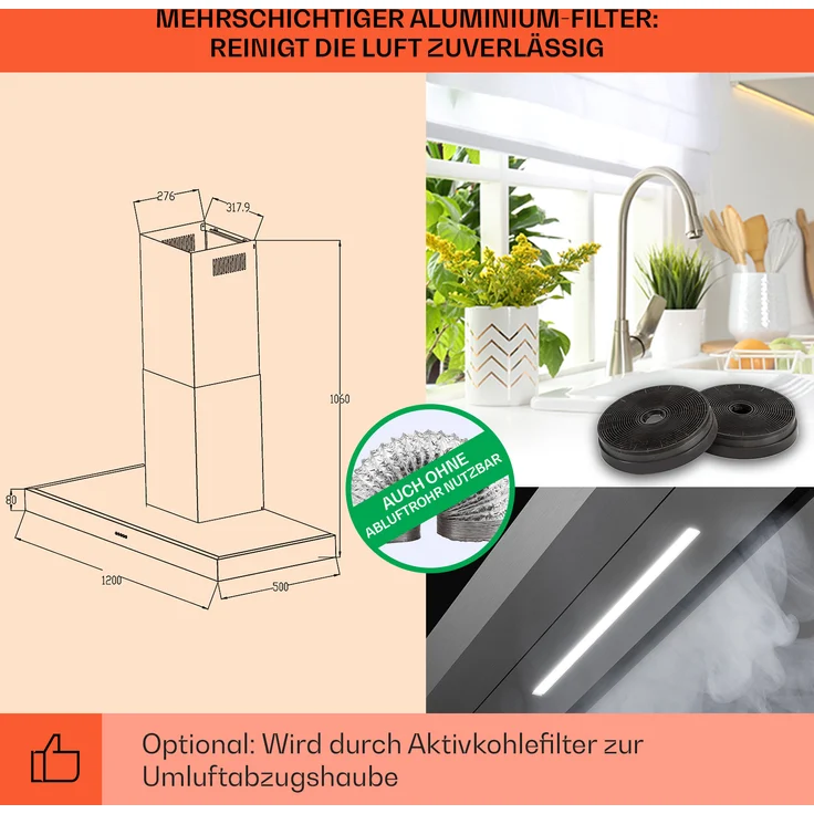 Klarstein Limelight Wandhaube, Wandmontage, Anzahl Gebläsestufen 3, Breite 120 cm, edelstahl – Bild 5