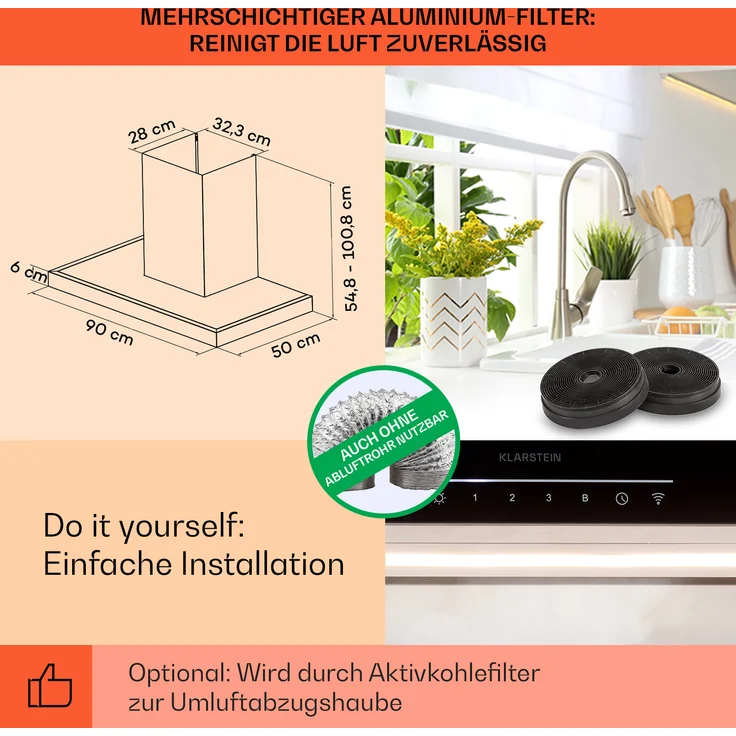 Klarstein Alinea 90 Wandhaube, Wandmontage, Anzahl Gebläsestufen 4, Breite 90 cm, schwarz – Bild 5