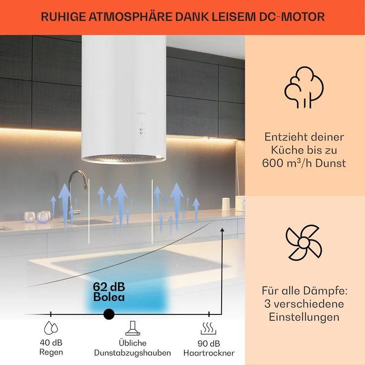 Klarstein Bolea Inselhaube, Deckenmontage, Anzahl Gebläsestufen 3, Breite 38 cm, weiss – Bild 3