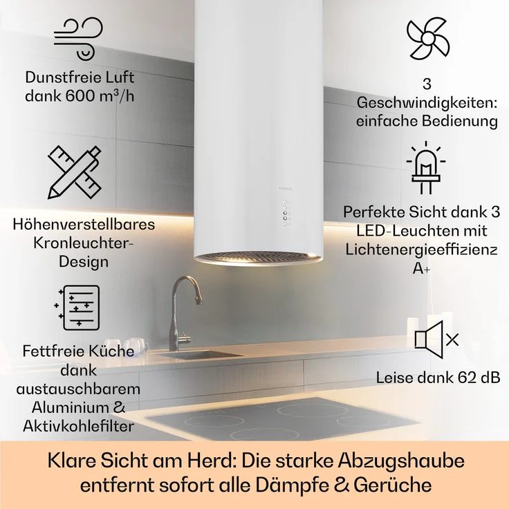 Klarstein Bolea Inselhaube, Deckenmontage, Anzahl Gebläsestufen 3, Breite 38 cm, weiss – Bild 2