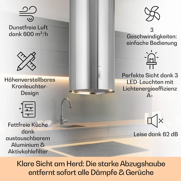 Klarstein Bolea Inselhaube, Deckenmontage, Anzahl Gebläsestufen 3, Breite 38 cm, edelstahl – Bild 2