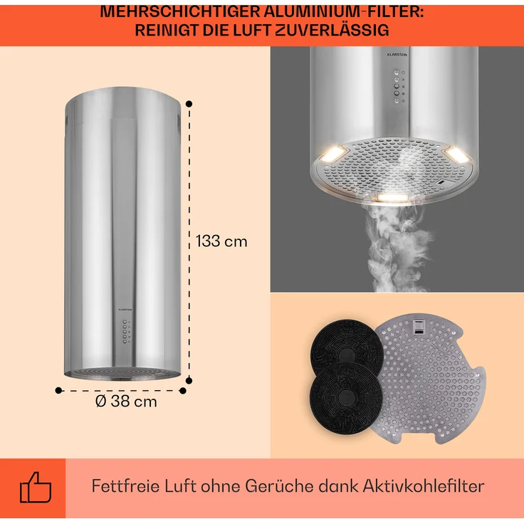 Klarstein Bolea Inselhaube, Deckenmontage, Anzahl Gebläsestufen 3, Breite 38 cm, edelstahl – Bild 5
