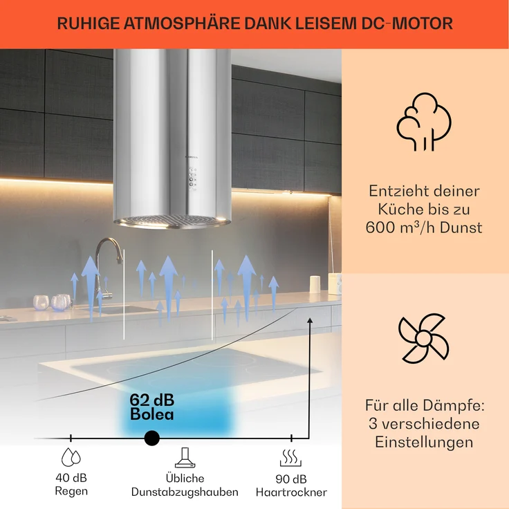 Klarstein Bolea Inselhaube, Deckenmontage, Anzahl Gebläsestufen 3, Breite 38 cm, edelstahl – Bild 3